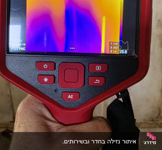מד חום תרמי מוחזק ביד על רקע קיר